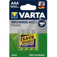 Varta Power batteria ricaricabile Ready2Use Micro AAA HR03 LR03 confezione blister da 4 1000mAh