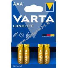 Batteria Varta AAA LR03 Alcaline Micro Longlife 1.5V Confezione in blister da 4 pz.