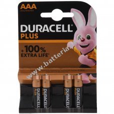 Batteria Duracell Alcalina Micro AAA LR03 1,5V Plus Extra Life Confezione in blister da 4 pezzi