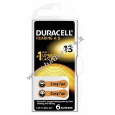 Batteria Duracell per apparecchi acustici 13AE / AE13 / DA13 / V13AT / PR48 / PR754 confezione blister da 6 pezzi